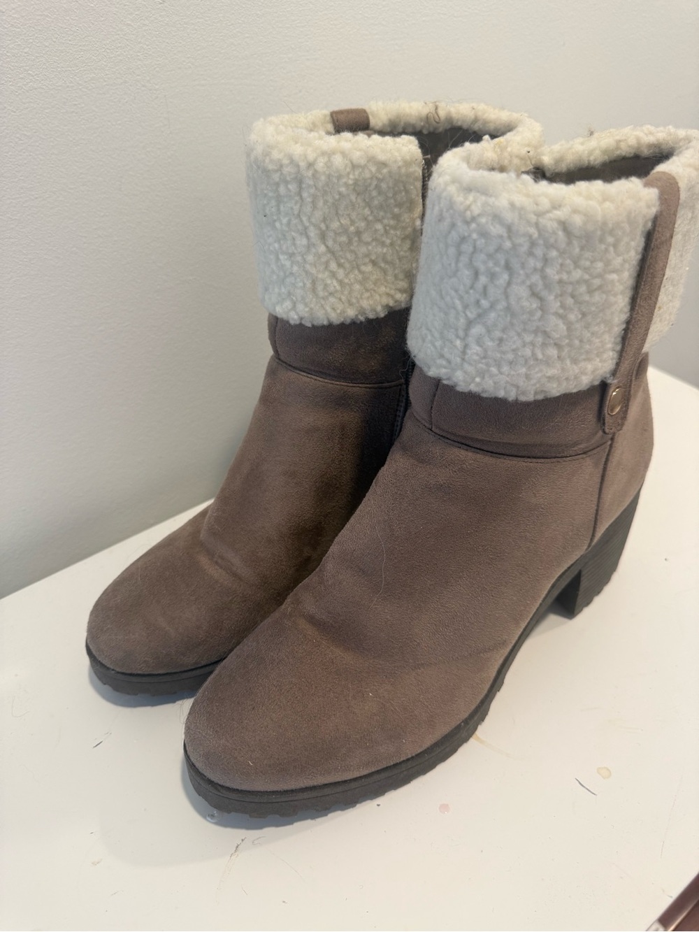 Olivia Miller Taupe Suede Ankle Boots with Cream Shearling Cuff